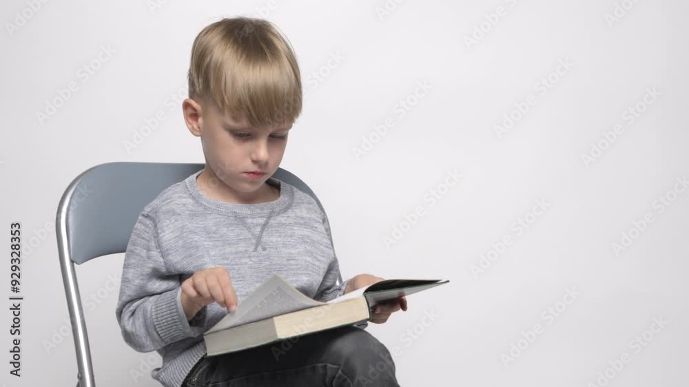 Portrait of a smart little boy reading book in studio. Portrait of a smart little boy reading book in studio.