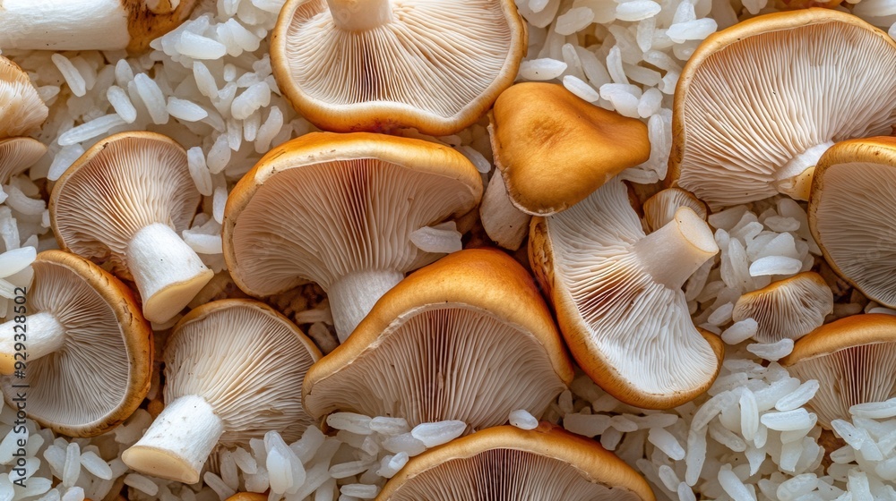 A pile of mushrooms and rice on a white surface, AI