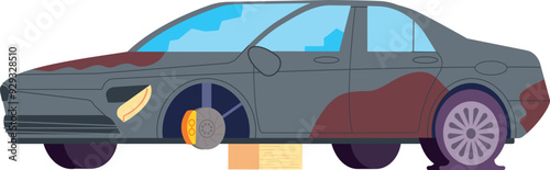 Old dirty damaged car in auto maintenance service