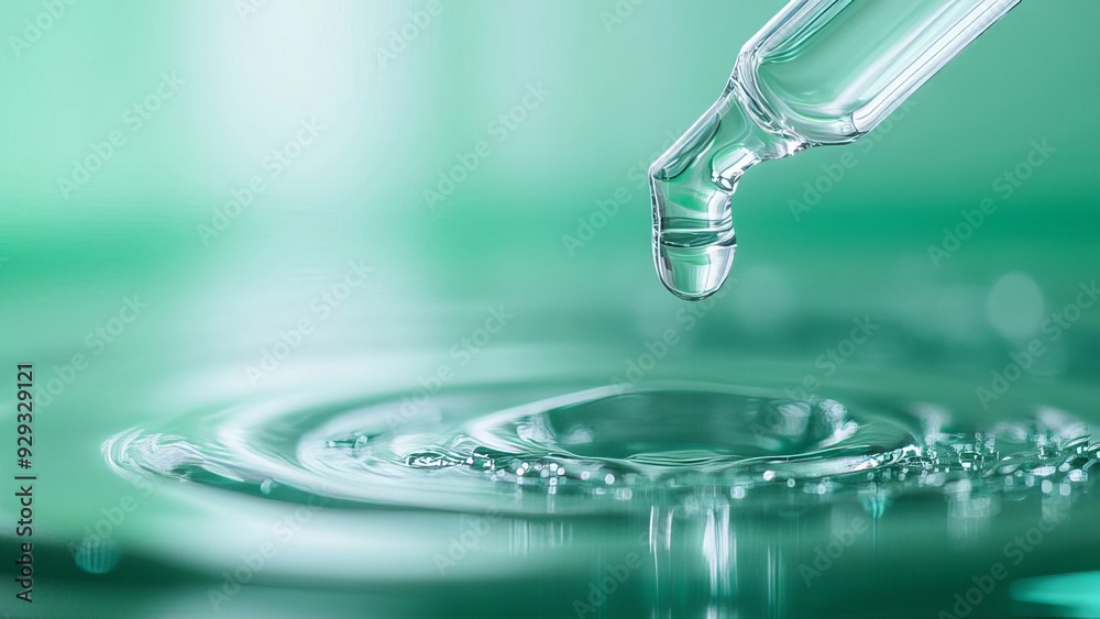 A close-up of a single clear droplet of serum about to drip from the tip of a transparent dropper. The concept of facial care with cosmetic products. A close-up of a single clear droplet of serum about to drip from the tip of a transparent dropper. The concept of facial care with cosmetic products.