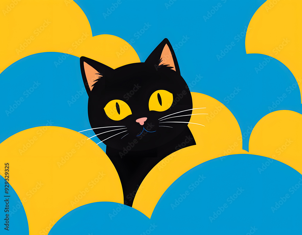 Obraz premium cute looking cat illustration on blue and yellow background