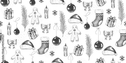 Christmas seamless pattern. Background with christmas socks, fir branches, gingerbread man, christmas balls, Santa Claus hat, snowflakes, gift box and tied bow. Sketch style Christmas decorations