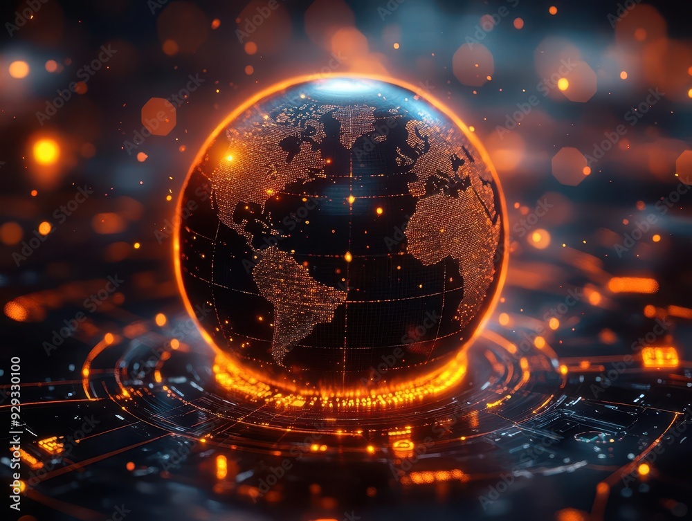 abstract visualization of global network connections glowing lines linking continents on translucent globe surrounded by floating data points and business icons abstract visualization of global network connections glowing lines linking continents on translucent globe surrounded by floating data points and business icons