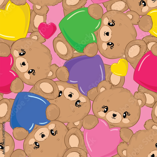 Seamless pattern with cute Teddy Bear and hearts vector, Kids trend print