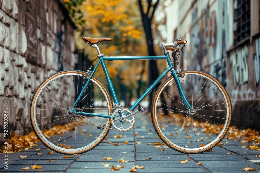 Fototapeta premium A blue bicycle leaning against a street curb with urban surroundings
