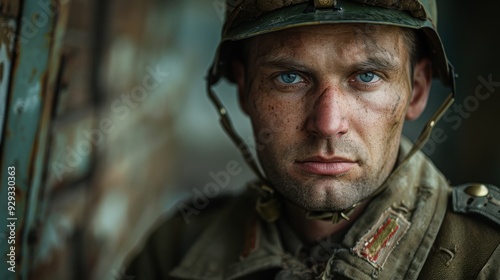 Soldier portrait in a dilapidated setting during wartime