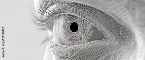 Closeup of a human eye rendered in a digital wireframe mesh, a modern illustration of the concept of digital reality, AI, or artificial intelligence.