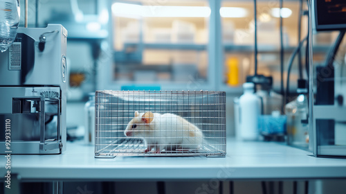 A white rat is confined in a metal cage within a laboratory environment, surrounded by research equipment and supplies.