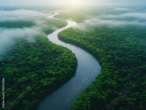 Wallpaper Mural aerial view of winding river through lush rainforest emerald canopy misty morning light birds eye perspective untouched wilderness landscape Torontodigital.ca