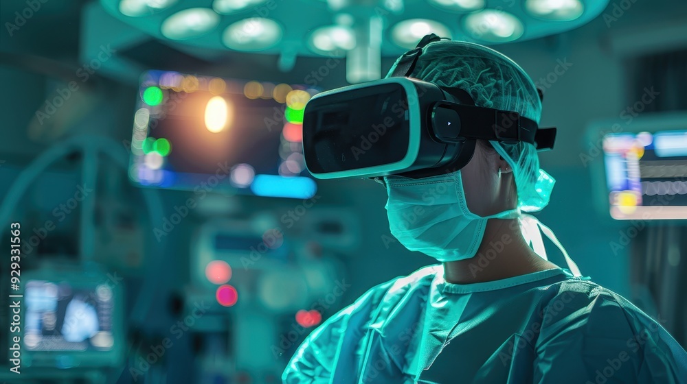 Medical professional using virtual reality headset in a modern surgical room Medical professional using virtual reality headset in a modern surgical room