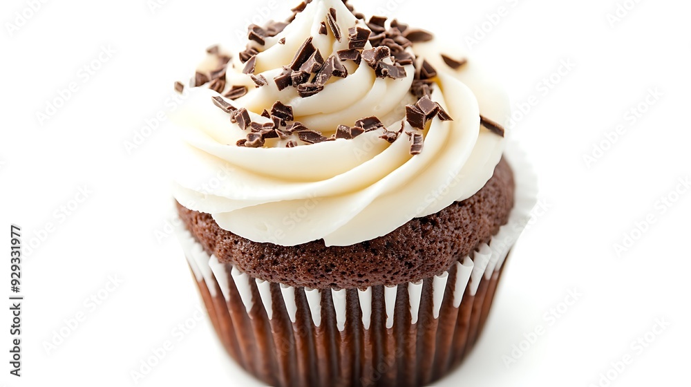 Close-up of a single chocolate cupcake with white frosting and chocolate sprinkles. Close-up of a single chocolate cupcake with white frosting and chocolate sprinkles.