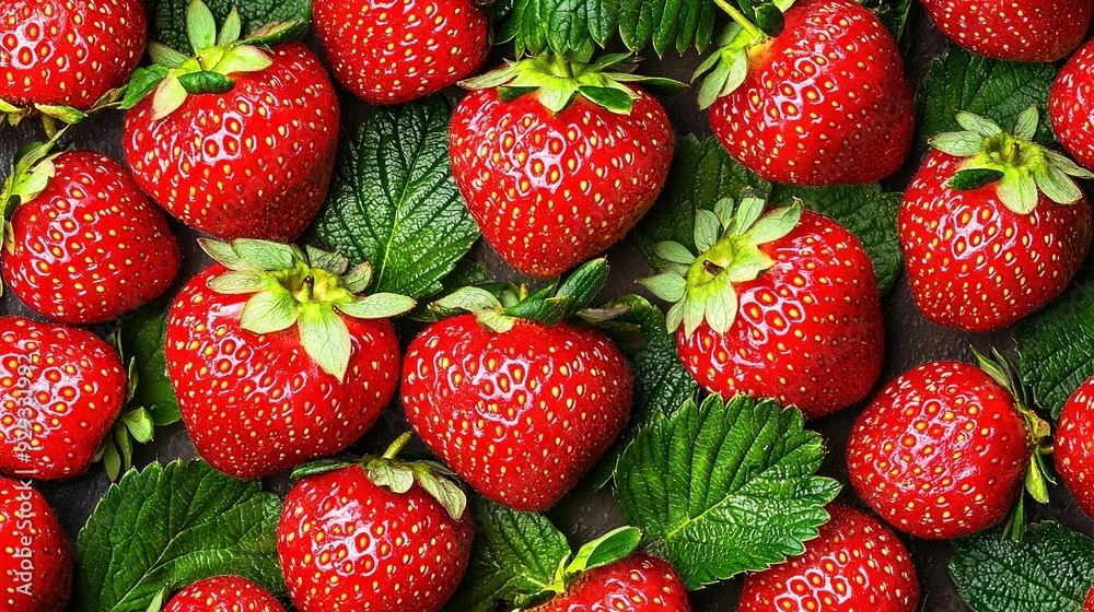 A macro image showing a cluster of strawberries adorned with green foliage above and below them A macro image showing a cluster of strawberries adorned with green foliage above and below them