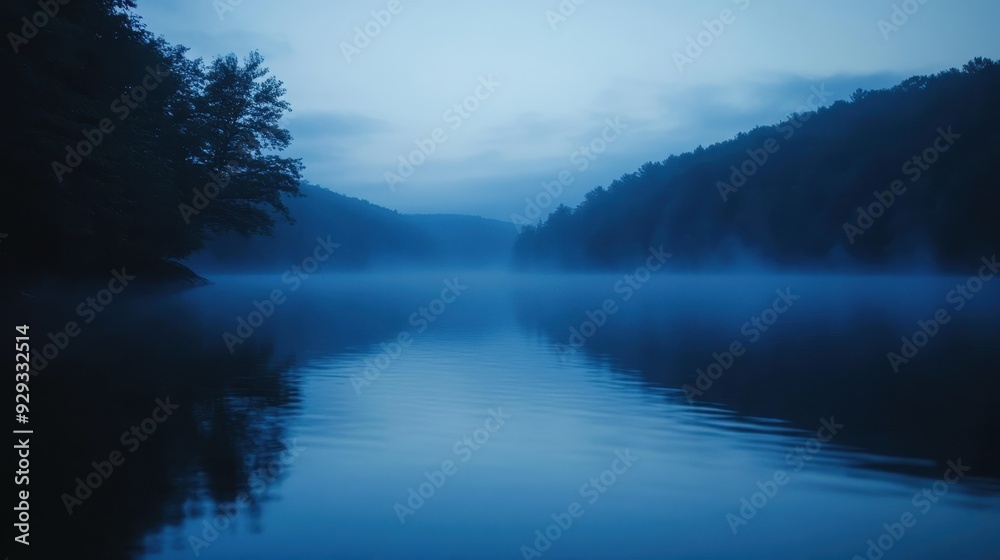 Fototapeta premium A serene landscape at dawn with mist over a calm lake and forested hills.