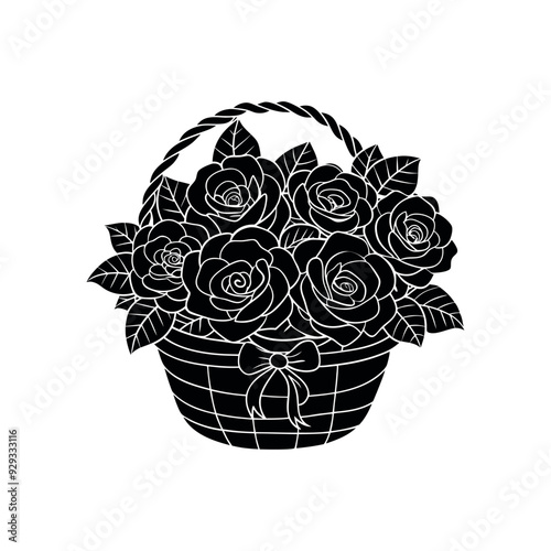 Basket with rose flowers in black and white style vector illustration botany design.