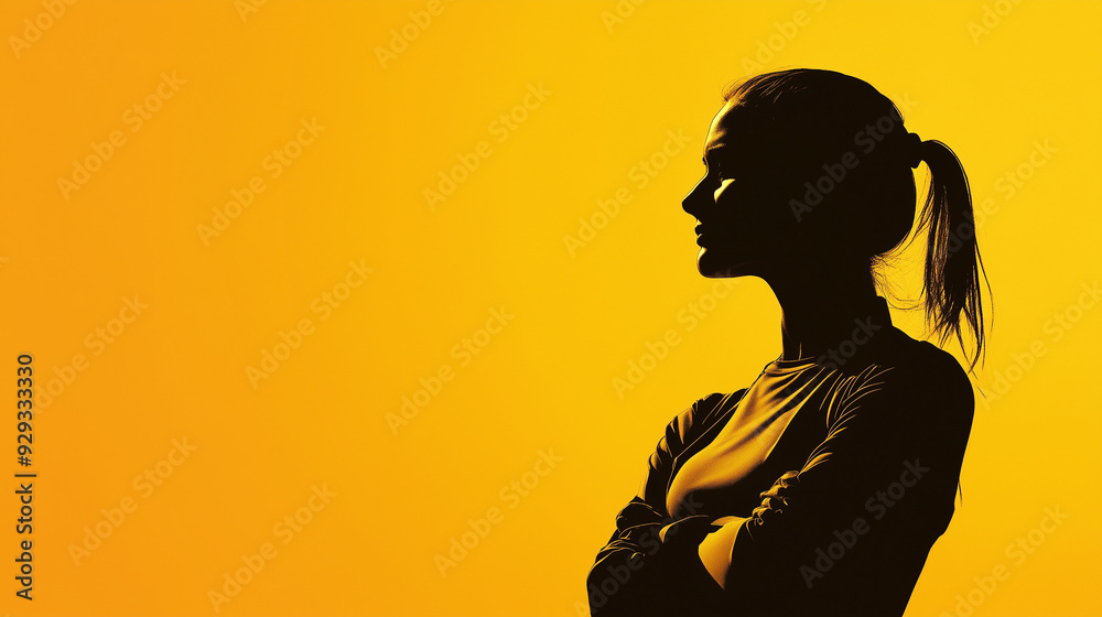 Female athlete in silhouette with crossed arms, displaying her determined mindset against a bright yellow backdrop Female athlete in silhouette with crossed arms, displaying her determined mindset against a bright yellow backdrop