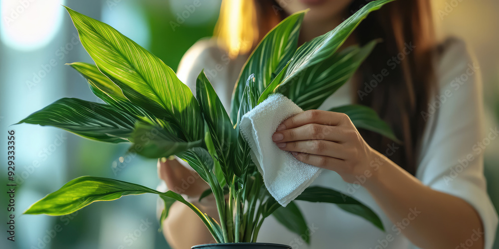Φωτογραφία A female maid wipes the leaves of a houseplant with a soft cloth