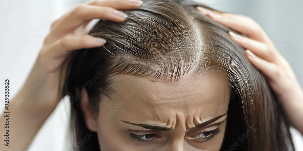 Naklejka premium A sad woman looks at her thinning hair. The problem of hair loss. Damaged Hair symptom