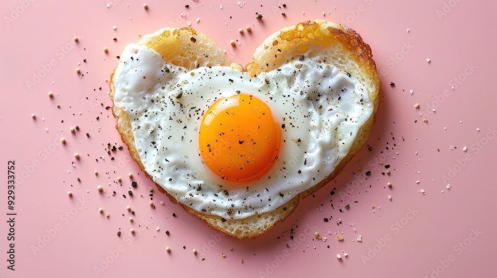 Heart-shaped fried egg on toast with spices on a pink background Heart-shaped fried egg on toast with spices on a pink background