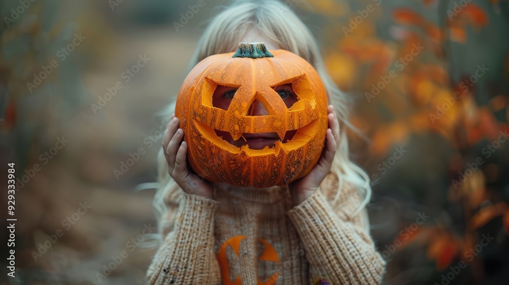 Naklejka premium Child holds carved pumpkin while surrounded by autumn foliage in a forest