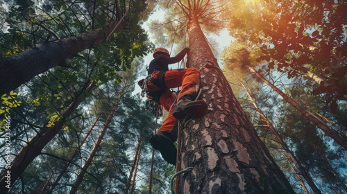 Arborist or tree surgeon professional climbing high tall tree on ropes used safety equipment at park.