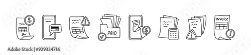Line doodle bill and invoice icon set. Receipt, tax, loan, order hand drawn concept. NFC contactless payment, money transfer, bank credit card, atm symbol line art drawing