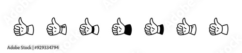 Thumb up cute line doodle icons set. Good expression. Hand sketch vector illustration. Social media comment, post like, rate symbol. Customer positive feedback. Raised finger