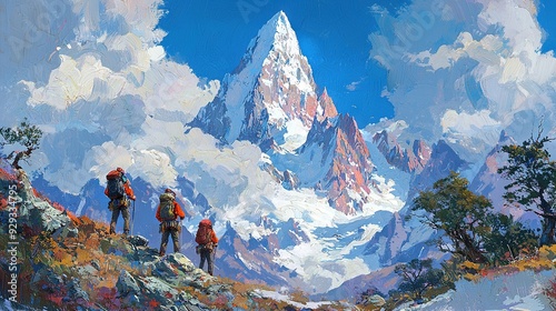  A painting of a hiking group on a mountain, with a distant snow-capped mountain view