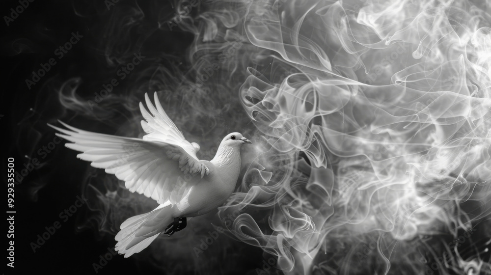 Holy spirit, Dove in flames. White dove flying in the sky with smoke ...