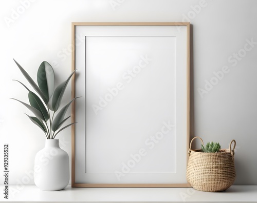 A blank frame mockup with plants in trendy vase. Template for artwork, Painting, Photo or poster