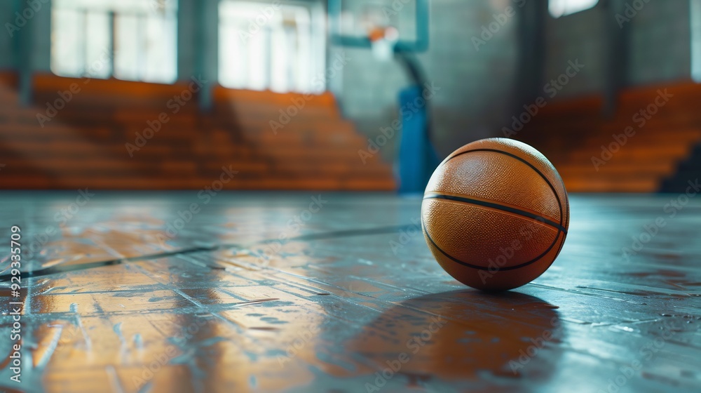 Basketball ball placed on urban street (outdoor) basketball court with a blurred background showing apartment buildings.
