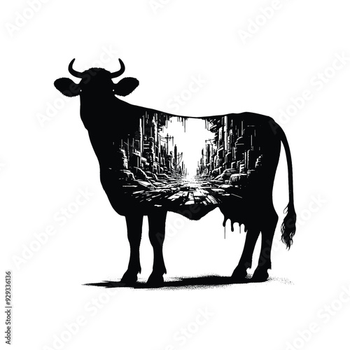 silhouette of Cow, filled with destroyed futuristic dystopia environment in rough drawing,