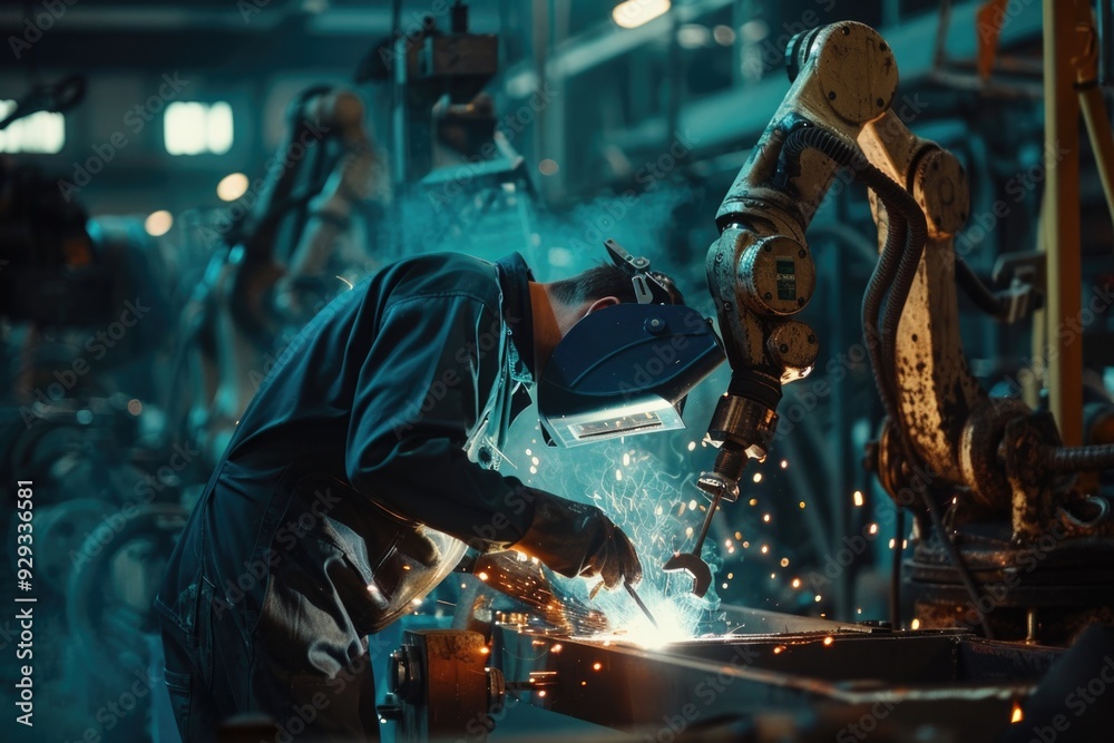 A person works on a metal fabrication project in a manufacturing setting