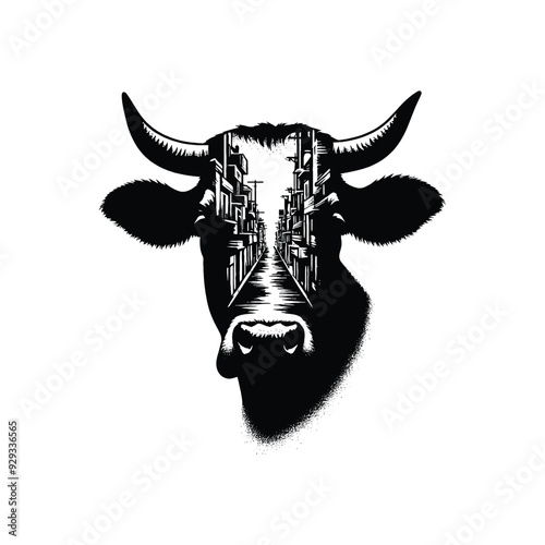 silhouette of Cow, filled with ghetto street in rough drawing,