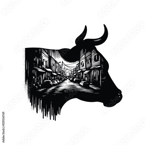 silhouette of Cow, filled with ghetto street in rough drawing,