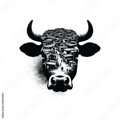 silhouette of Cow, filled with ghetto street in rough drawing,