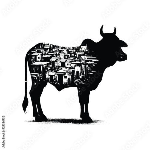silhouette of Cow, filled with ghetto street in rough drawing,