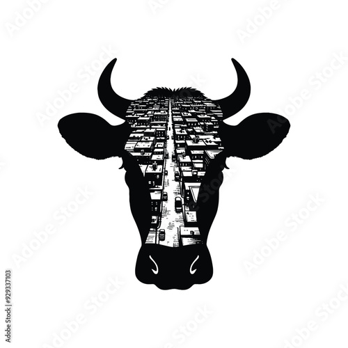 silhouette of Cow, filled with ghetto street in rough drawing,