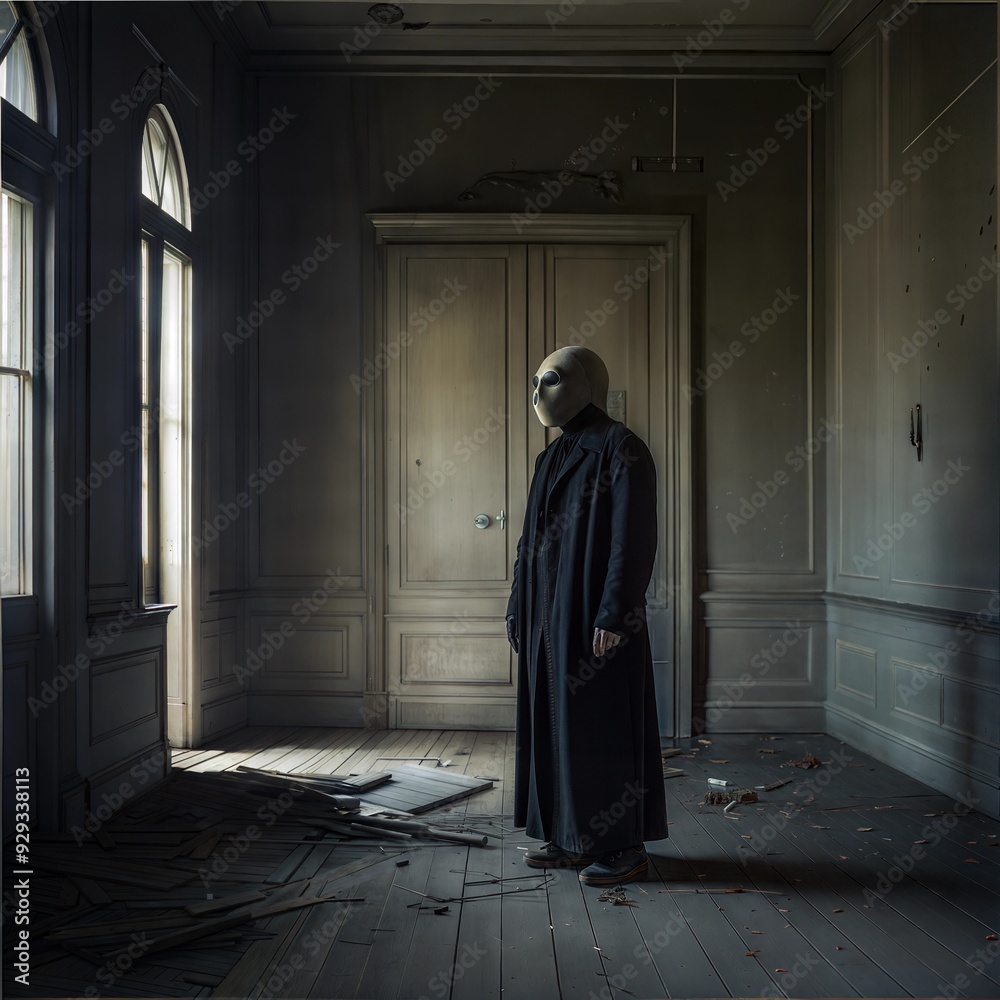 Naklejka premium Mysterious figure in black coat with somber expression stands in an abandoned room