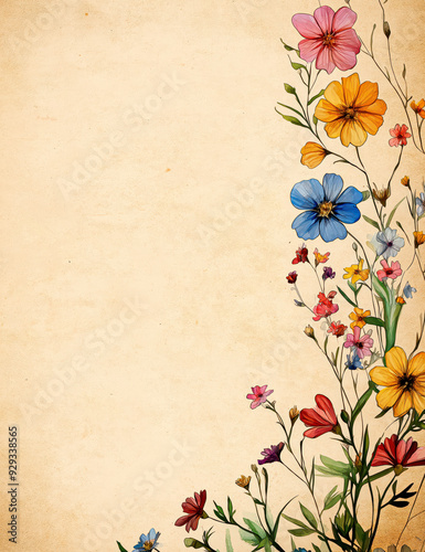 Wild Flower Vintage Rustic Paper with Delicate Inspired Ink-Drawn Flowers for Creative Journaling.  Digital Illustration.  photo