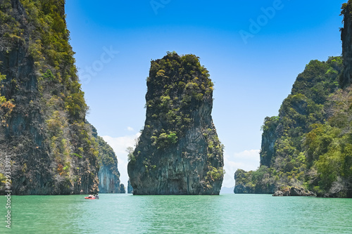 Scenic rock formation in the center of on Hong Island (Koh Hong) in Thailand. The small rock island is surrounded by crystal clear water.