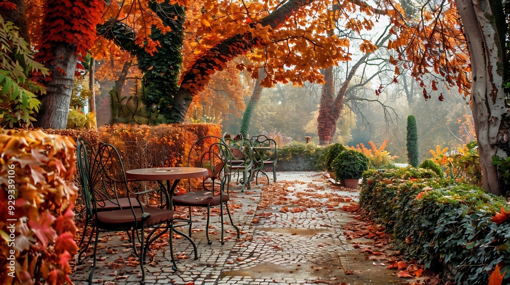 Obraz premium Idyllic autumn set with small white bench with soft sheepskin, lot of golden autumn maple leaves covering ground in park, sun coming from background. 