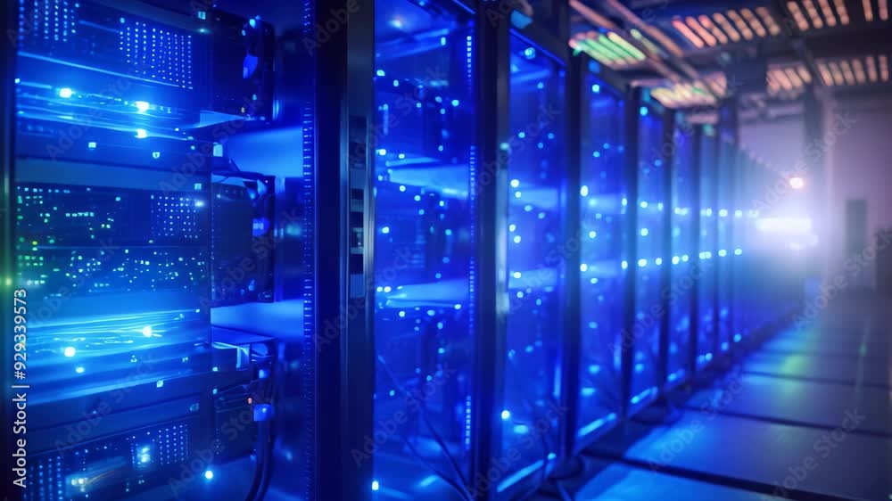 A line of computer servers neatly arranged in a large data center room., Row of network servers with glowing LED lights A line of computer servers neatly arranged in a large data center room., Row of network servers with glowing LED lights