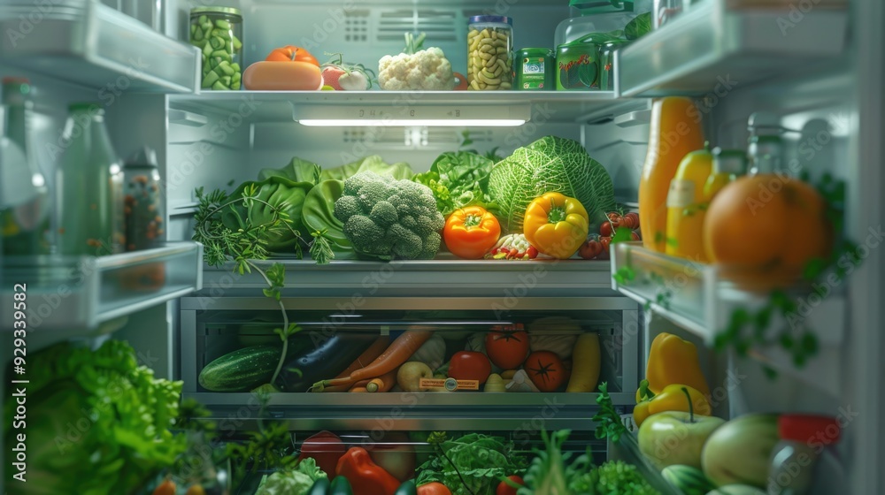 A refrigerator stocked with various fresh vegetables