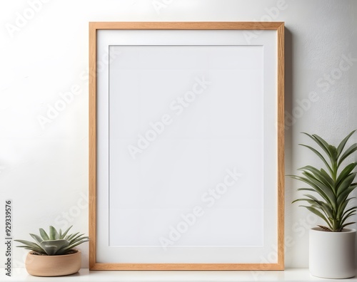A blank frame mockup with plants in trendy vase. Template for artwork, Painting, Photo or poster