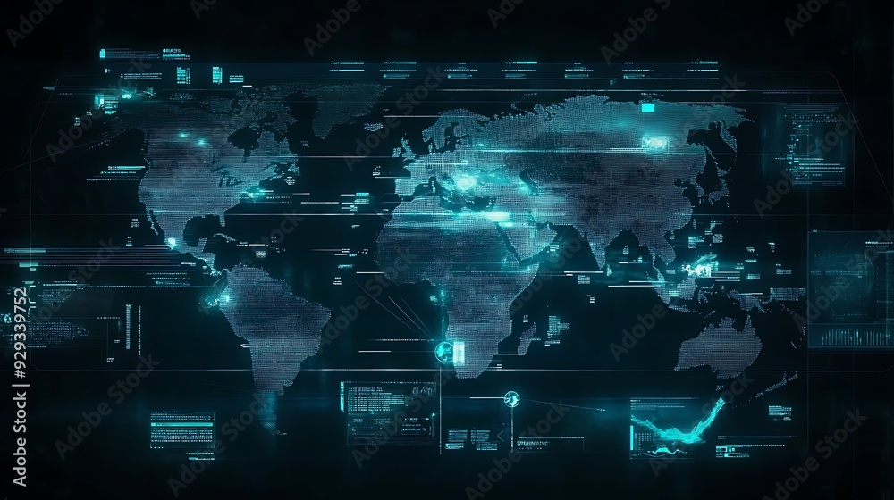 Obraz premium A digital world map with interactive data points and futuristic navigation tools