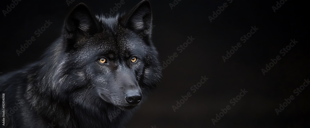 Close-up portrait of a black wolf with piercing amber eyes against a dark background. Close-up portrait of a black wolf with piercing amber eyes against a dark background.