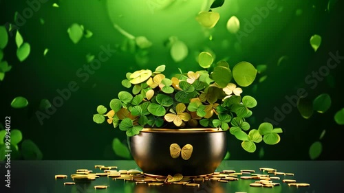 Wallpaper Mural Potted Plant With Gold Coins on Table, Prosperity and Natural, Saint Patrick's Day banner with a black pot full of gold coins and shamrock leaves abstract green background Torontodigital.ca