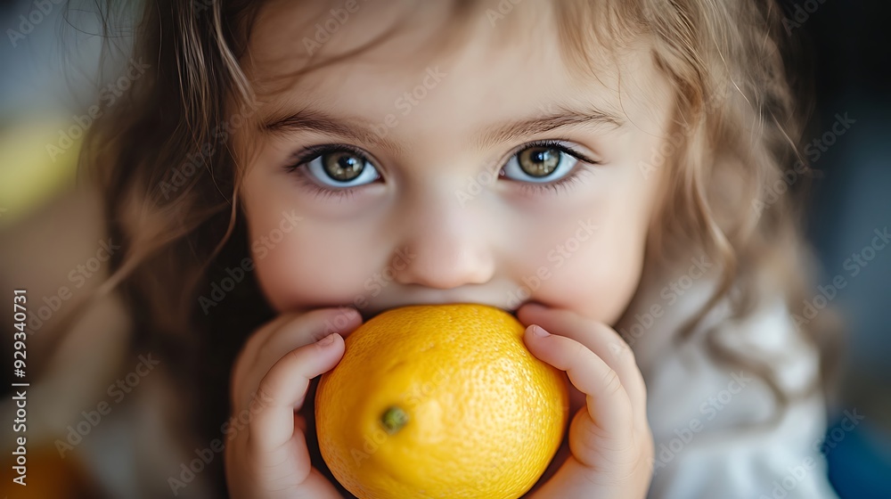 Close-up portrait of a young girl with blonde hair holding a lemon in her hands and biting into it, looking directly at the camera. Close-up portrait of a young girl with blonde hair holding a lemon in her hands and biting into it, looking directly at the camera.