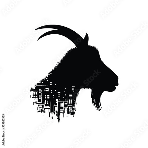 silhouette of Goat, filled with ghetto street in rough drawing,