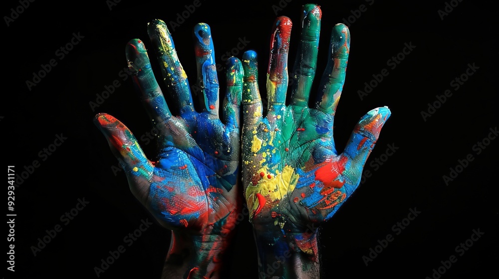 Hands With Paint On Them In Front Of A Black Background Hands With Paint On Them In Front Of A Black Background